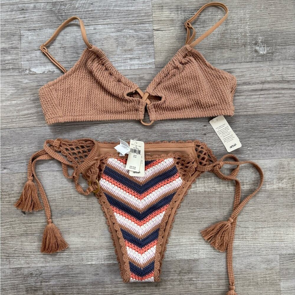 Aerie Crochet Cheekiest Tie Bikini Bottom & Crochet Top Swim Suit Set New NWT